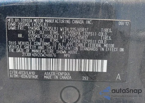 2012 Toyota Rav4 Limited z USA, uszkodzony, nr VIN 2T3DF4DV2CW248876